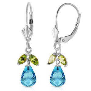 14K. GOLD LEVERBACK EARRING WITH BLUE TOPAZ & PERIDOTS (White Gold)